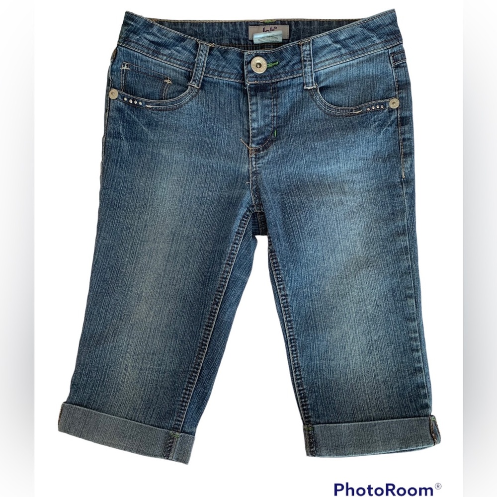 Jolt Bermuda Denim Shorts Girls Size 12 Blue Cuff Peace Sign Embroidered Pockets